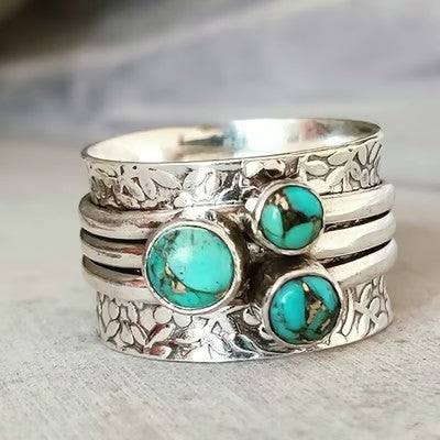 Bohemian Three Eyed Turquoise Hammer Pattern Ring